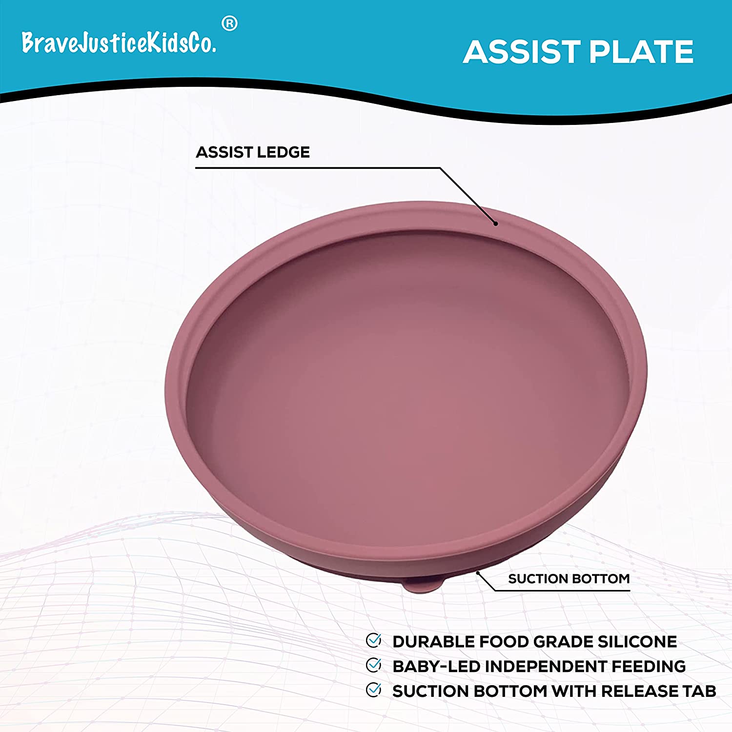 BraveJusticeKidsCo. | Silicone Assist Plate and Assist Bowl Combo Pack for Toddler and Baby | Baby-led feeding