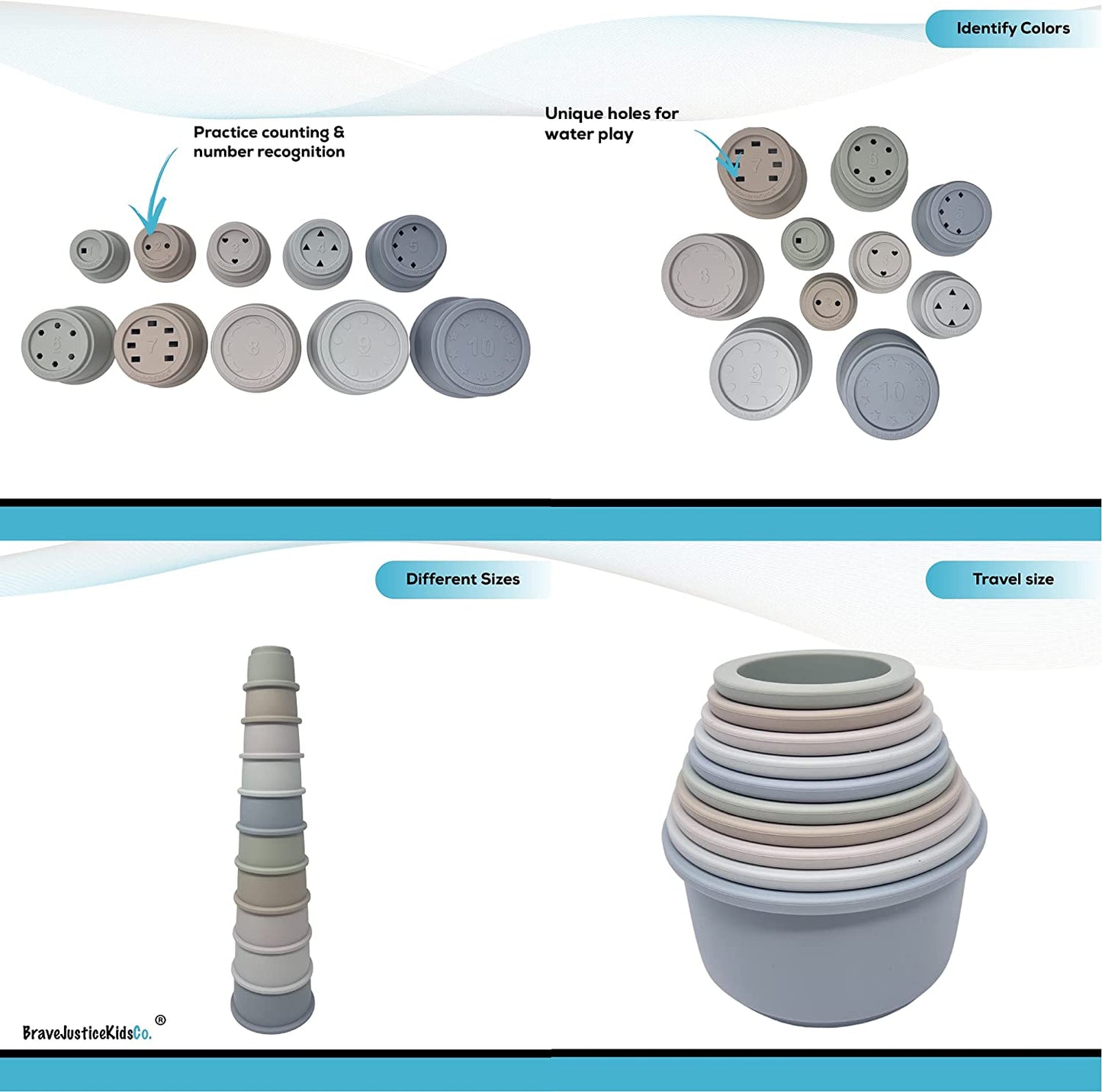 BraveJusticeKidsCo. Silicone Educational Stacking Cups (10 Pieces) | Baby Sorting and Counting | Bath Toys | Shapes, Numbers, & Colors