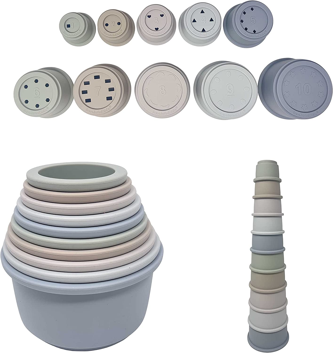 BraveJusticeKidsCo. Silicone Educational Stacking Cups (10 Pieces) | Baby Sorting and Counting | Bath Toys | Shapes, Numbers, & Colors