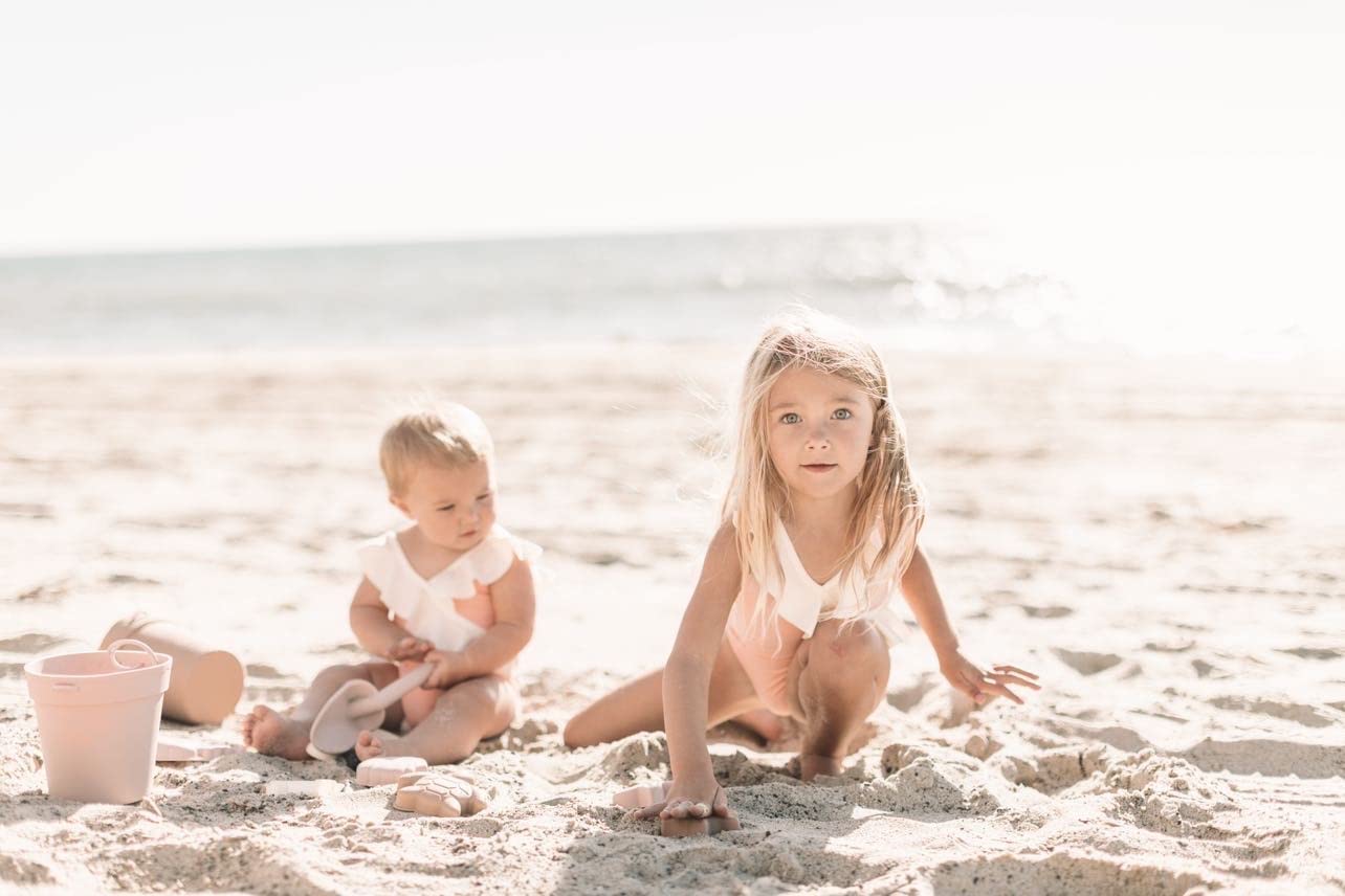 BraveJusticeKidsCo. | Silicone Summer Kids Beach Set | Toddlers and Baby Sandbox Toys (Blush) + Beach Bag